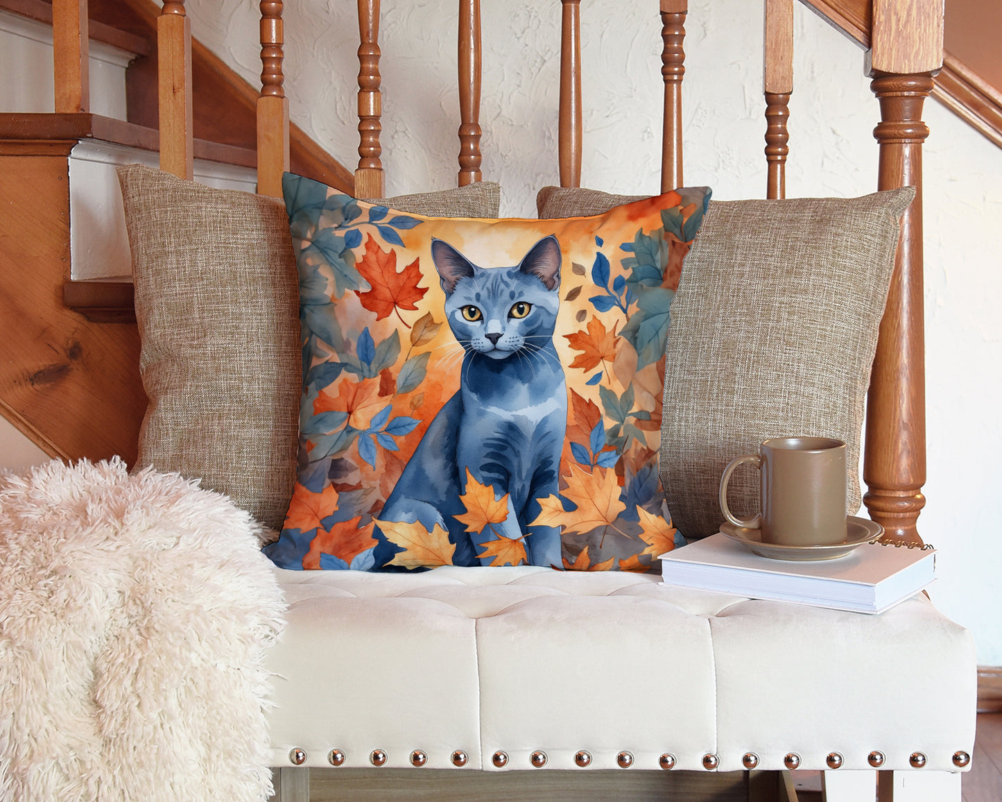 Russian Blue Cat in Fall Leaves Throw Pillow