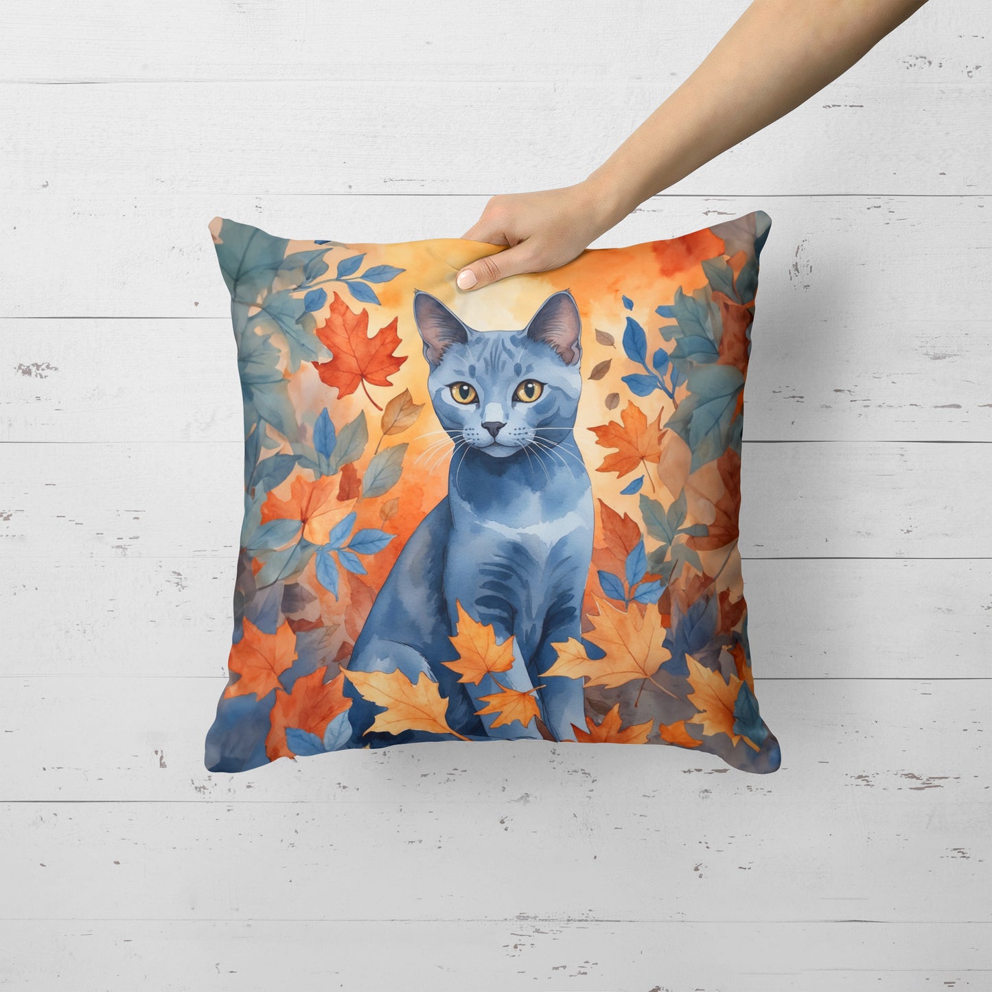 Russian Blue Cat in Fall Leaves Throw Pillow