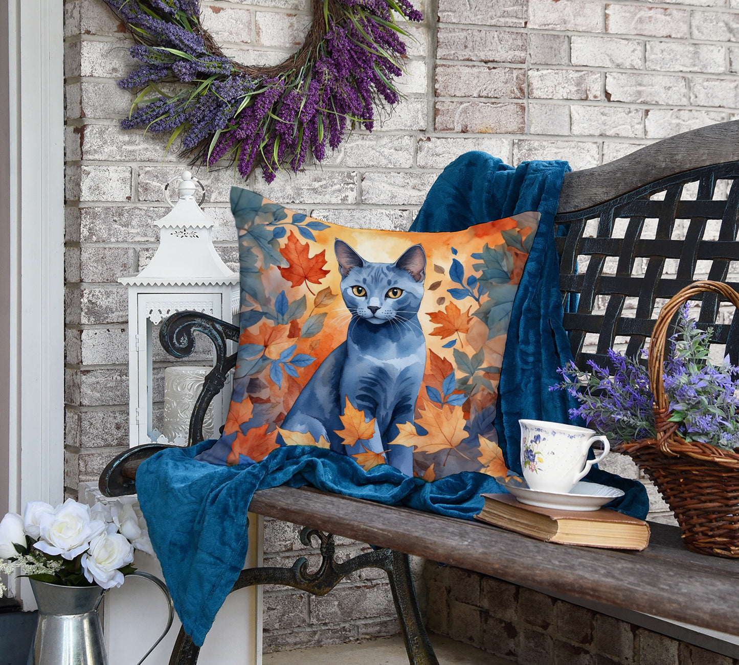 Russian Blue Cat in Fall Leaves Throw Pillow