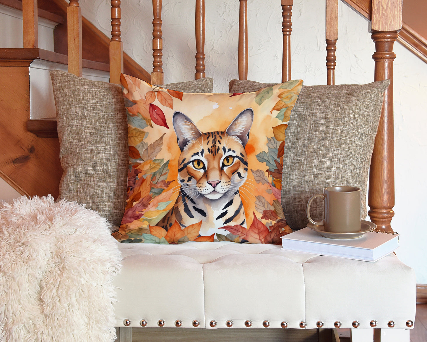 Safari Cat in Fall Leaves Throw Pillow