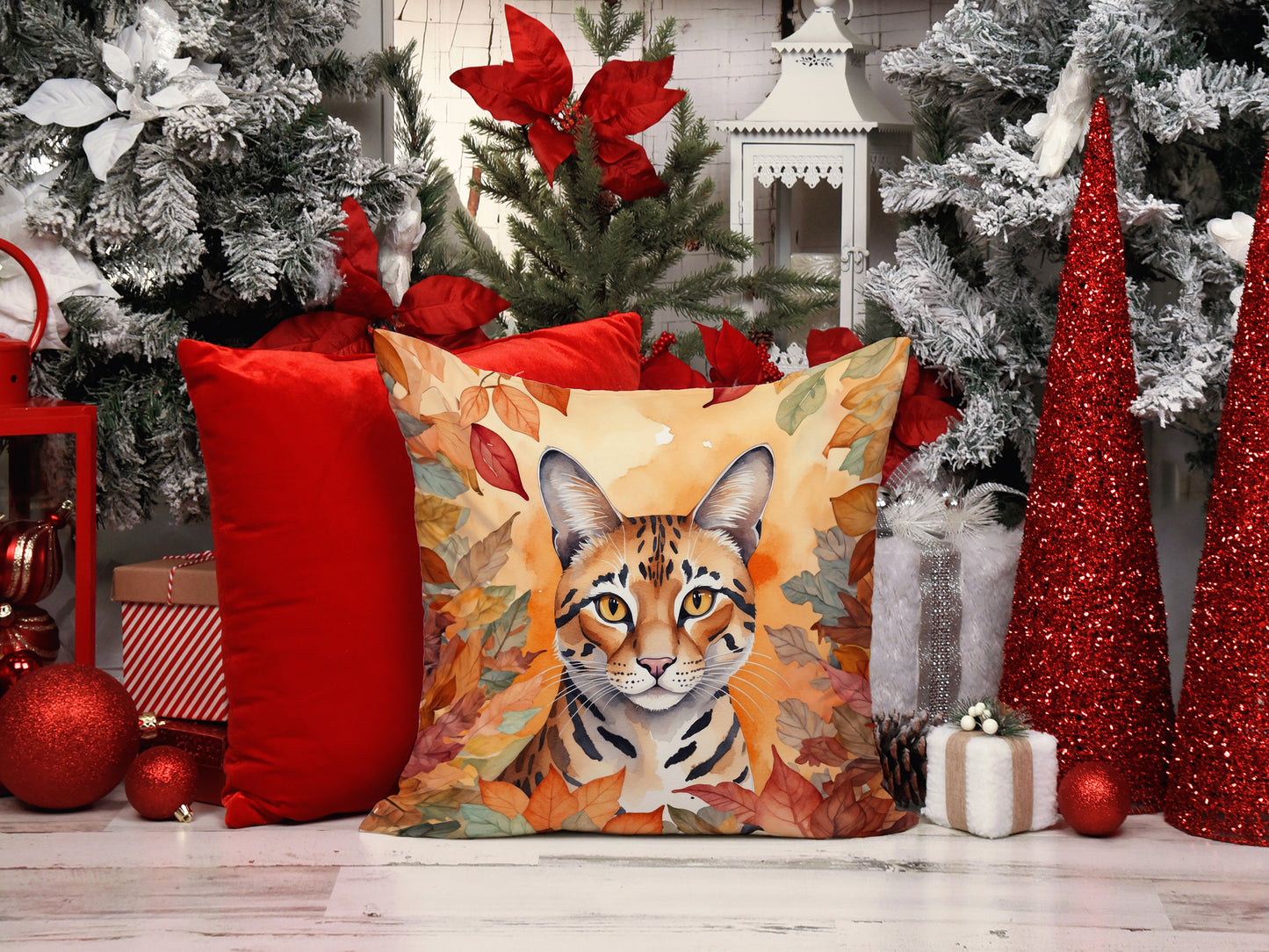 Safari Cat in Fall Leaves Throw Pillow