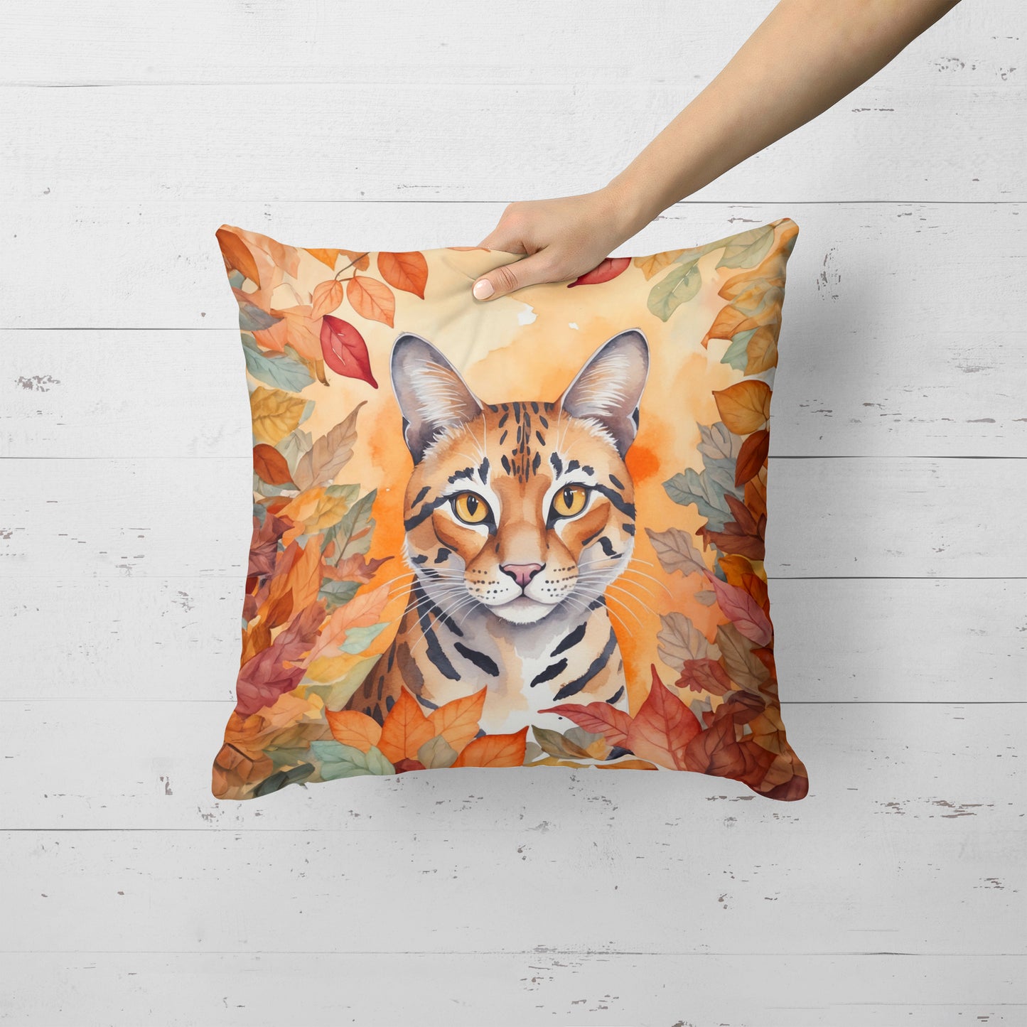 Safari Cat in Fall Leaves Throw Pillow