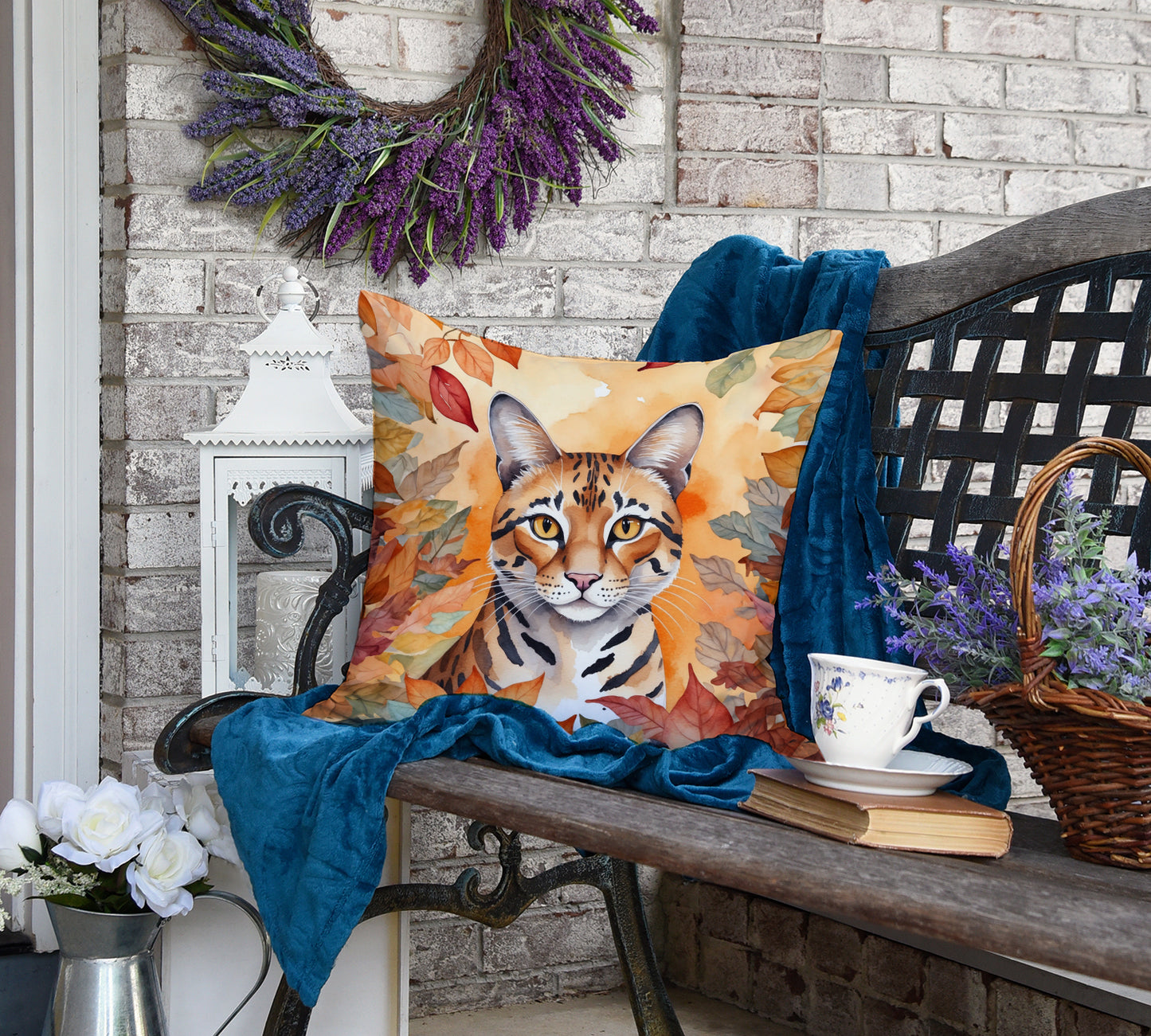 Safari Cat in Fall Leaves Throw Pillow