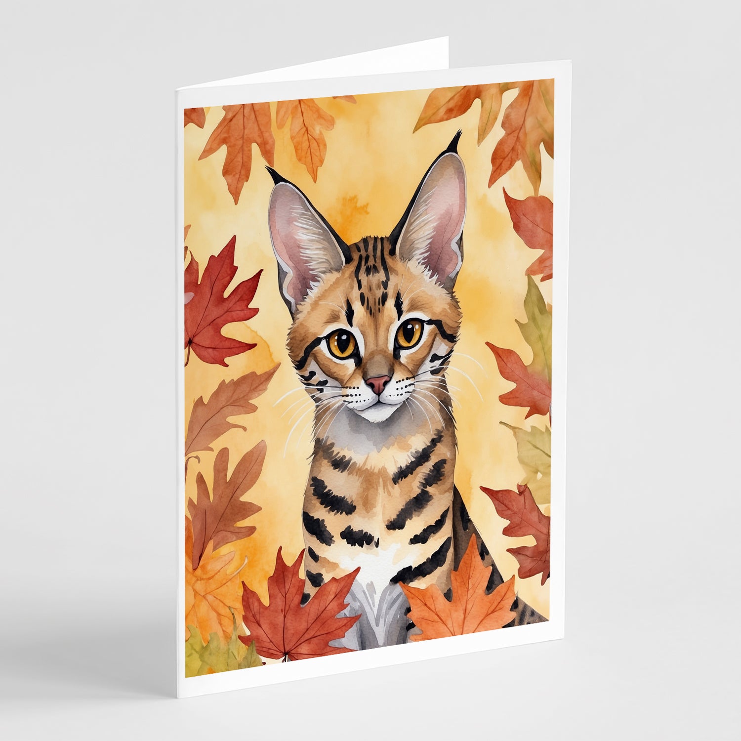 Buy this Savannah Cat in Fall Leaves Greeting Cards Pack of 8