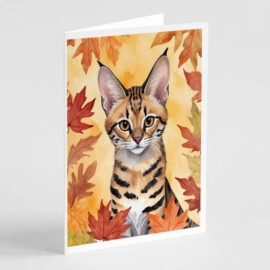 Buy this Savannah Cat in Fall Leaves Greeting Cards Pack of 8