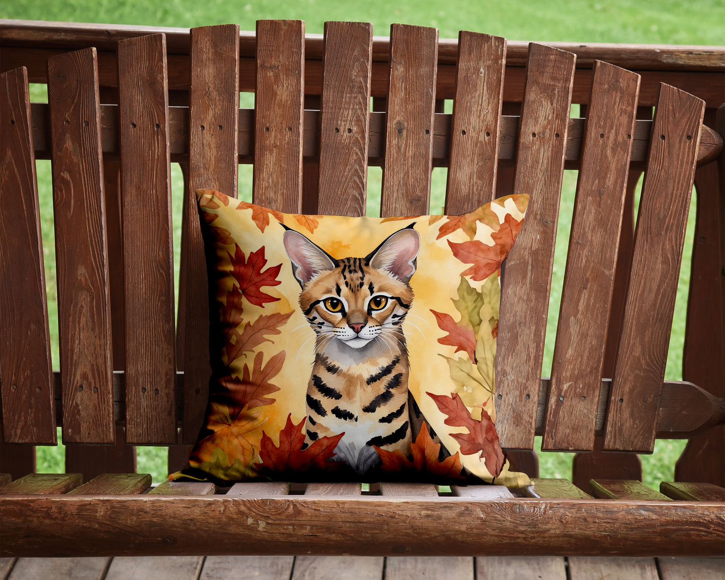 Savannah Cat in Fall Leaves Throw Pillow