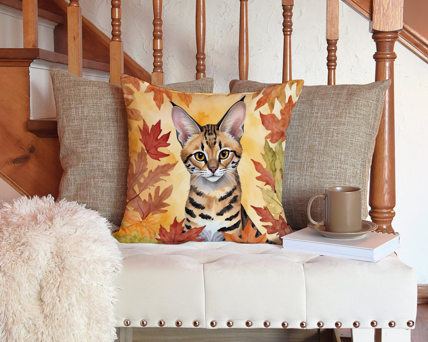 Savannah Cat in Fall Leaves Throw Pillow