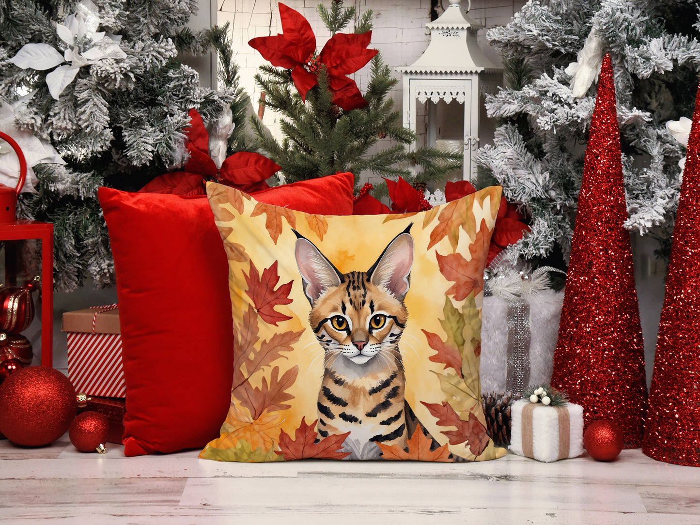 Savannah Cat in Fall Leaves Throw Pillow