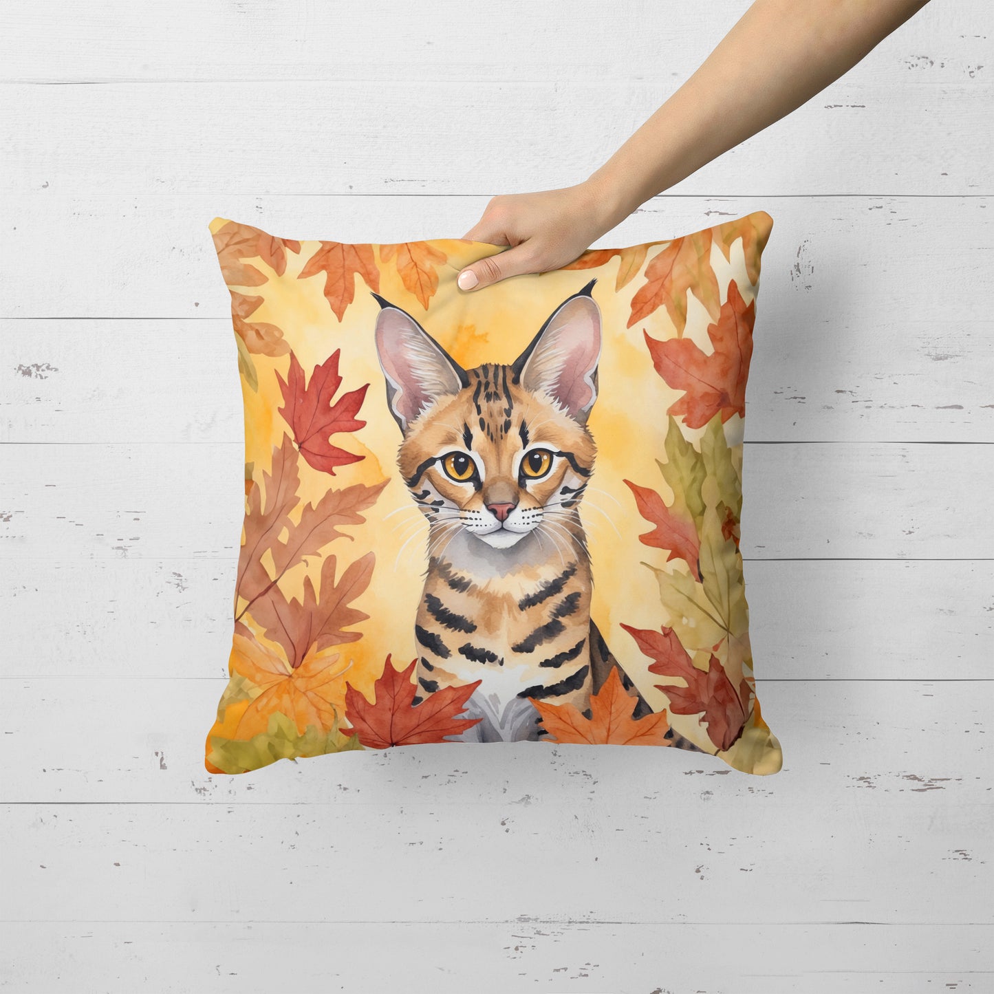 Savannah Cat in Fall Leaves Throw Pillow