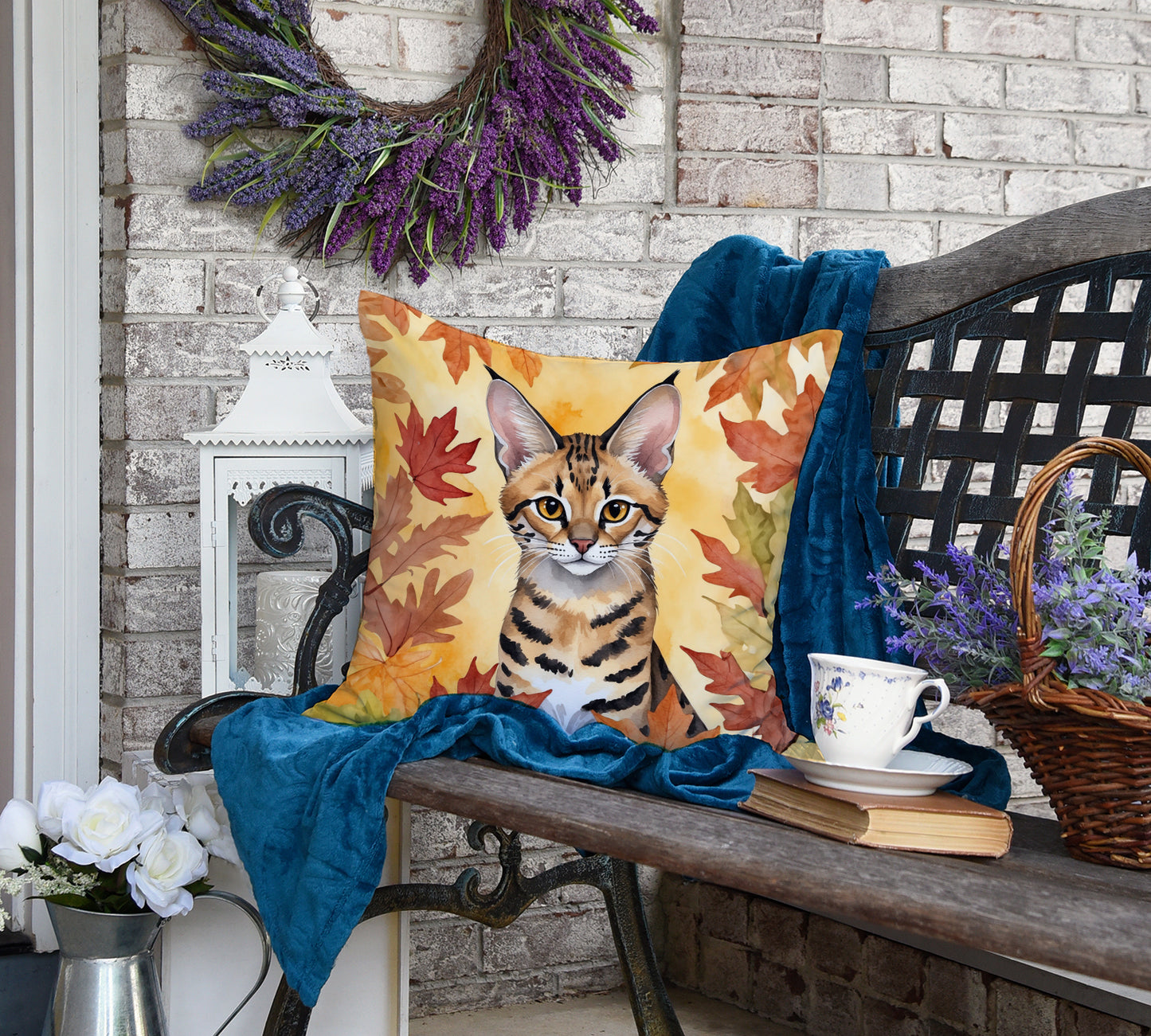 Savannah Cat in Fall Leaves Throw Pillow