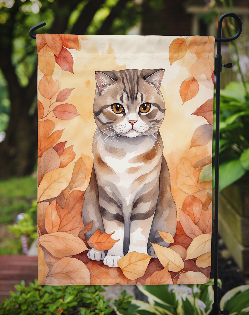 Scottish Fold Cat in Fall Leaves Garden Flag