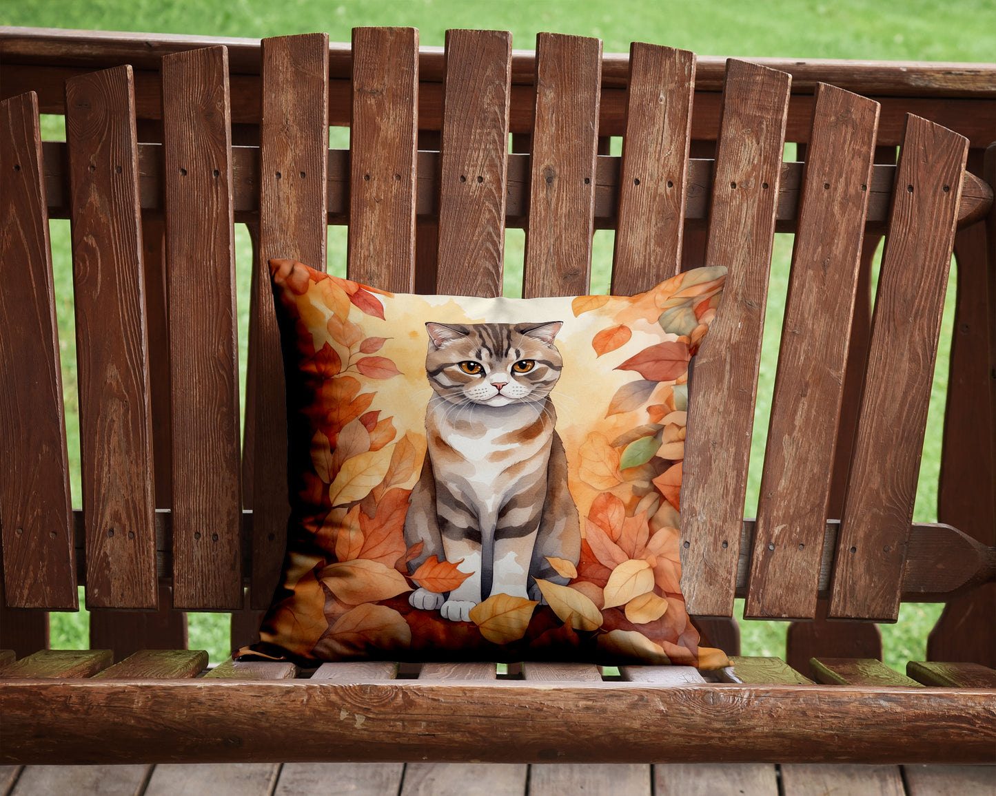 Scottish Fold Cat in Fall Leaves Throw Pillow