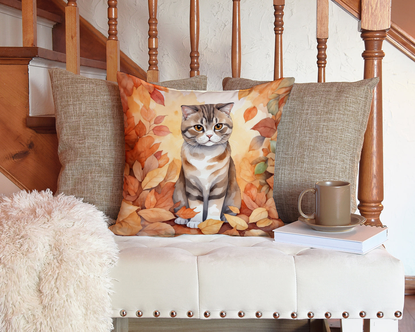 Scottish Fold Cat in Fall Leaves Throw Pillow