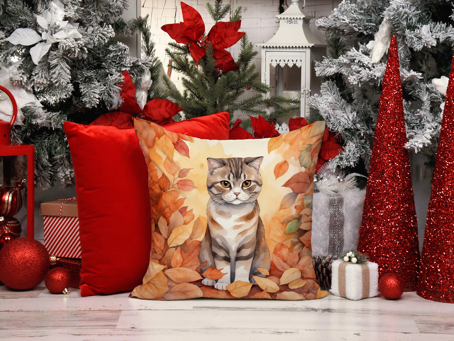 Scottish Fold Cat in Fall Leaves Throw Pillow