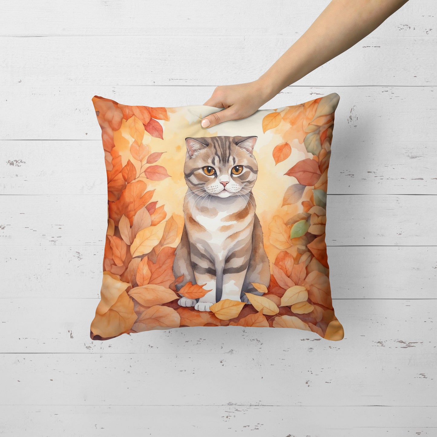 Scottish Fold Cat in Fall Leaves Throw Pillow