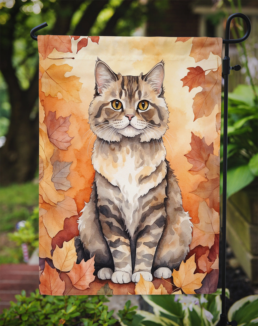 Selkirk Rex Cat in Fall Leaves Garden Flag