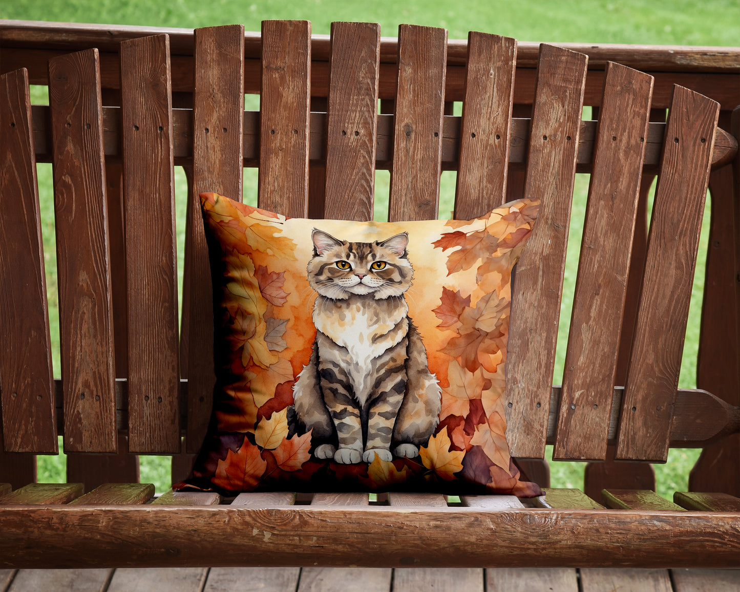 Selkirk Rex Cat in Fall Leaves Throw Pillow