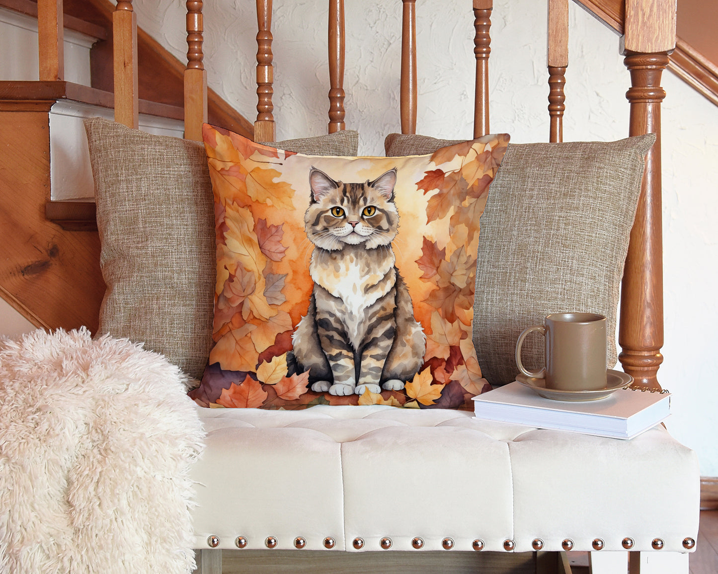 Selkirk Rex Cat in Fall Leaves Throw Pillow