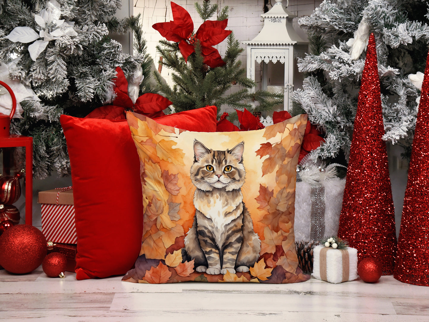 Selkirk Rex Cat in Fall Leaves Throw Pillow