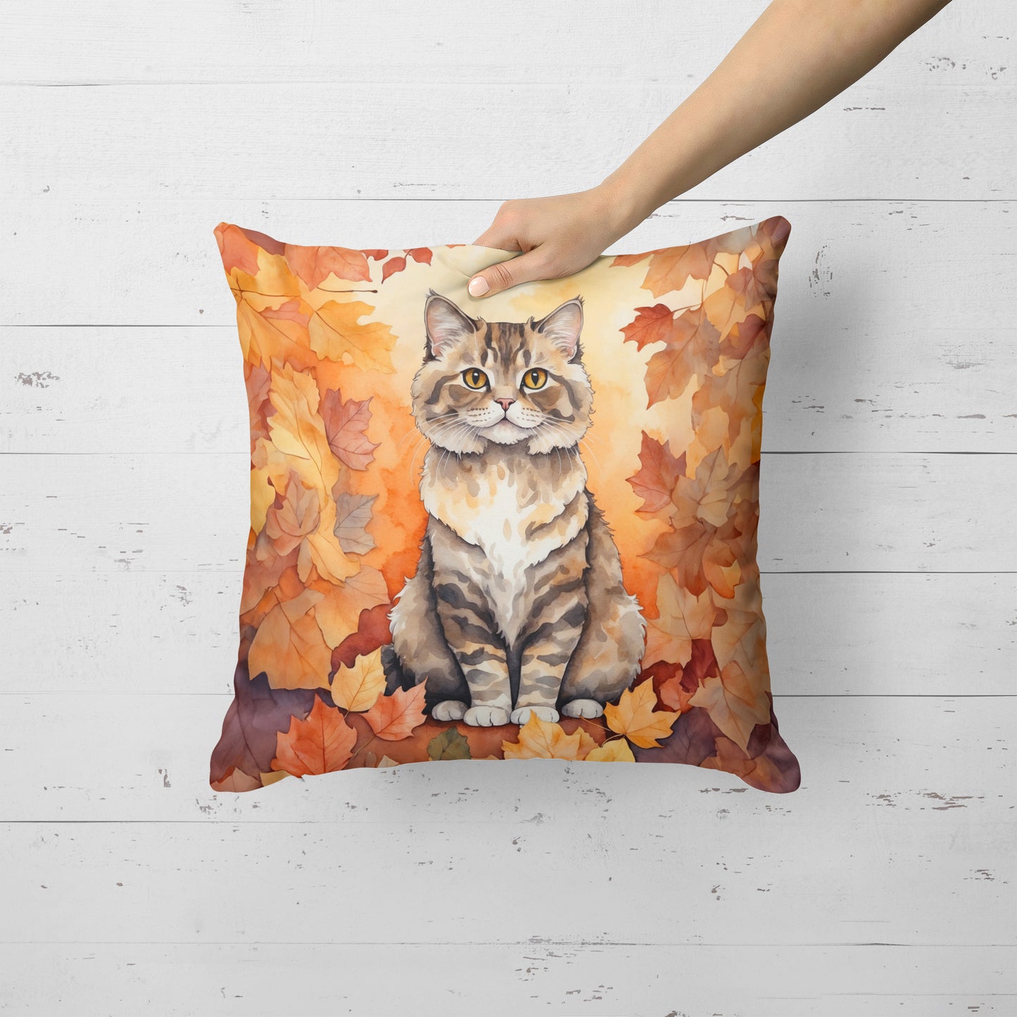 Selkirk Rex Cat in Fall Leaves Throw Pillow