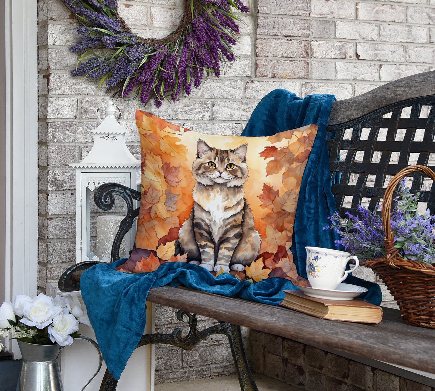 Selkirk Rex Cat in Fall Leaves Throw Pillow