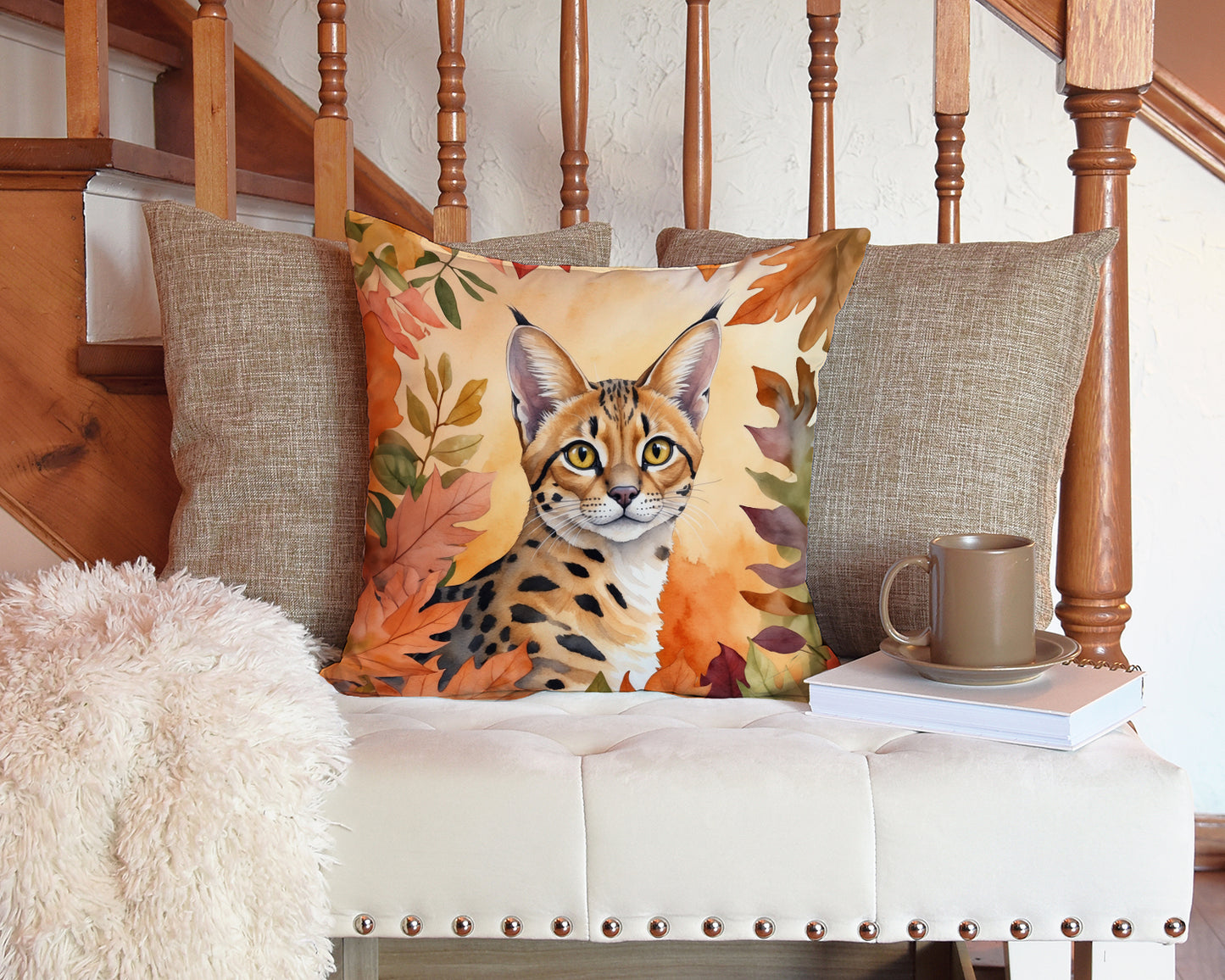 Serengeti Cat in Fall Leaves Throw Pillow