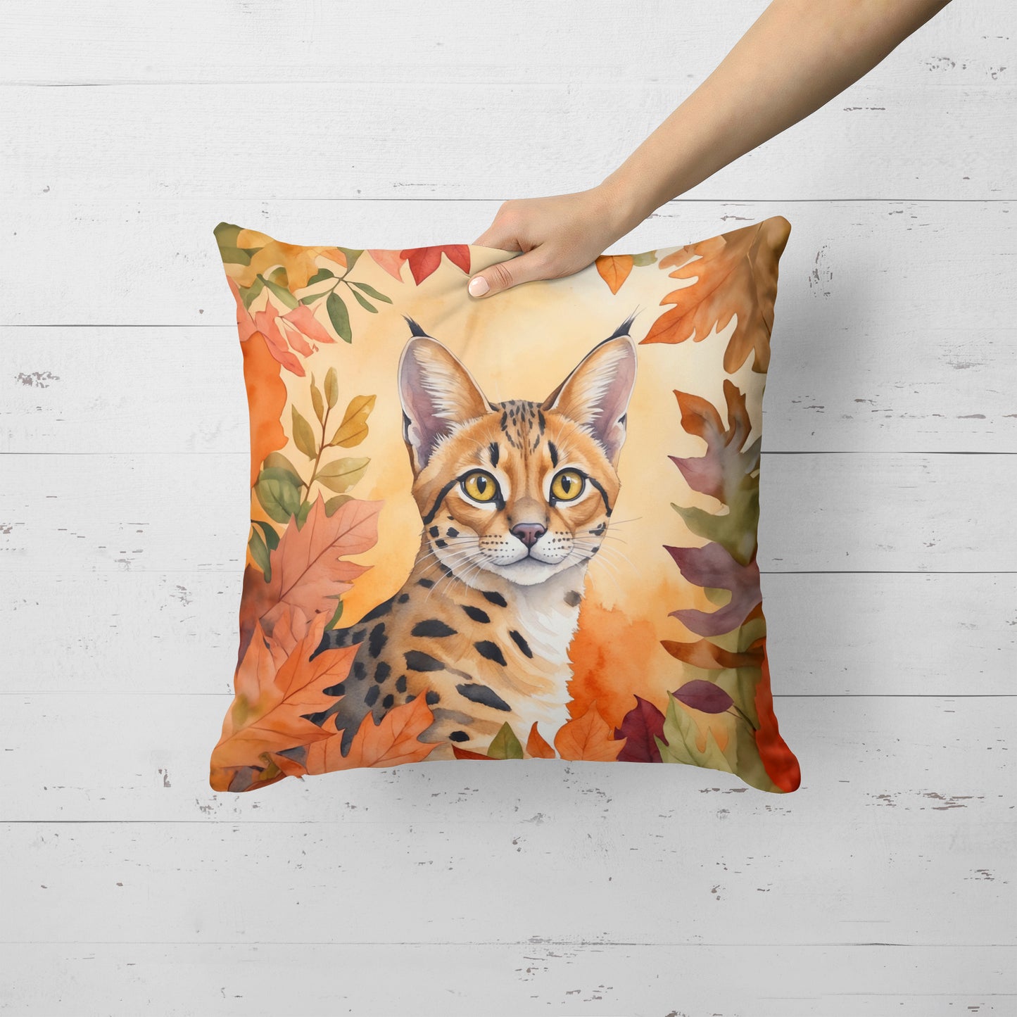 Serengeti Cat in Fall Leaves Throw Pillow