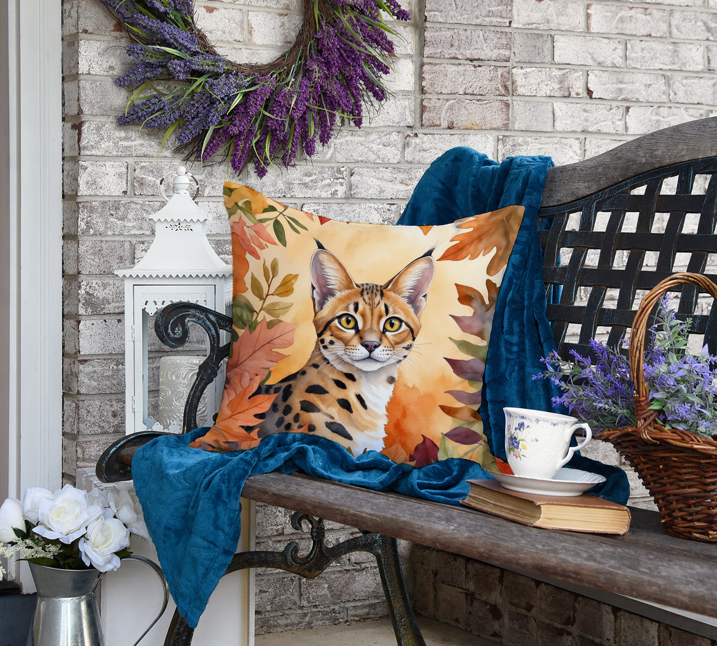 Serengeti Cat in Fall Leaves Throw Pillow