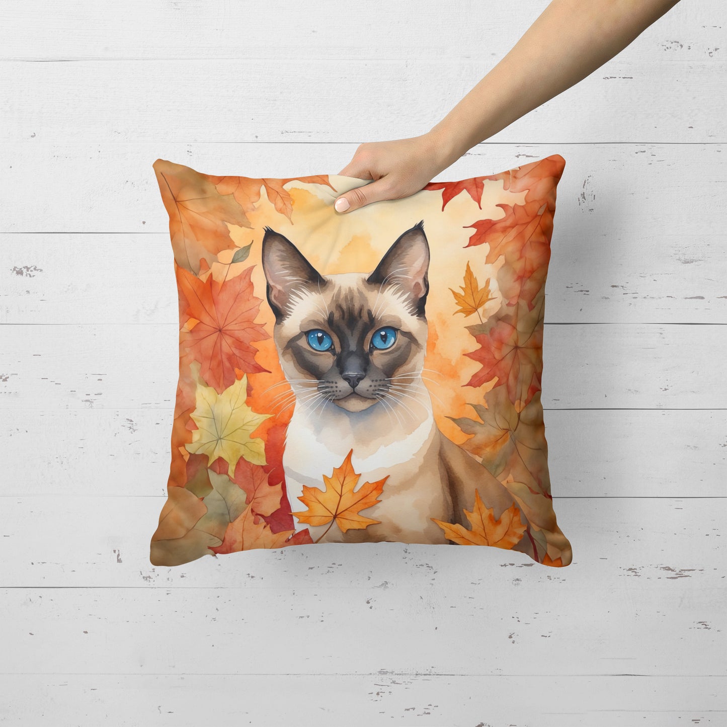 Siamese Cat in Fall Leaves Throw Pillow