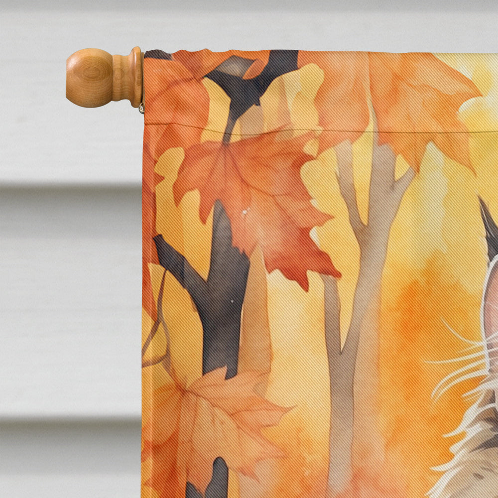 Siberian Cat in Fall Leaves House Flag