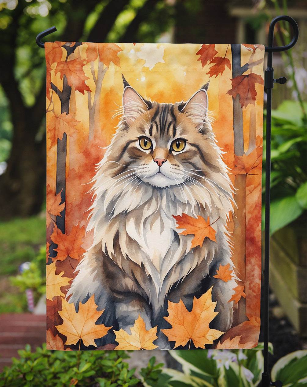 Siberian Cat in Fall Leaves Garden Flag