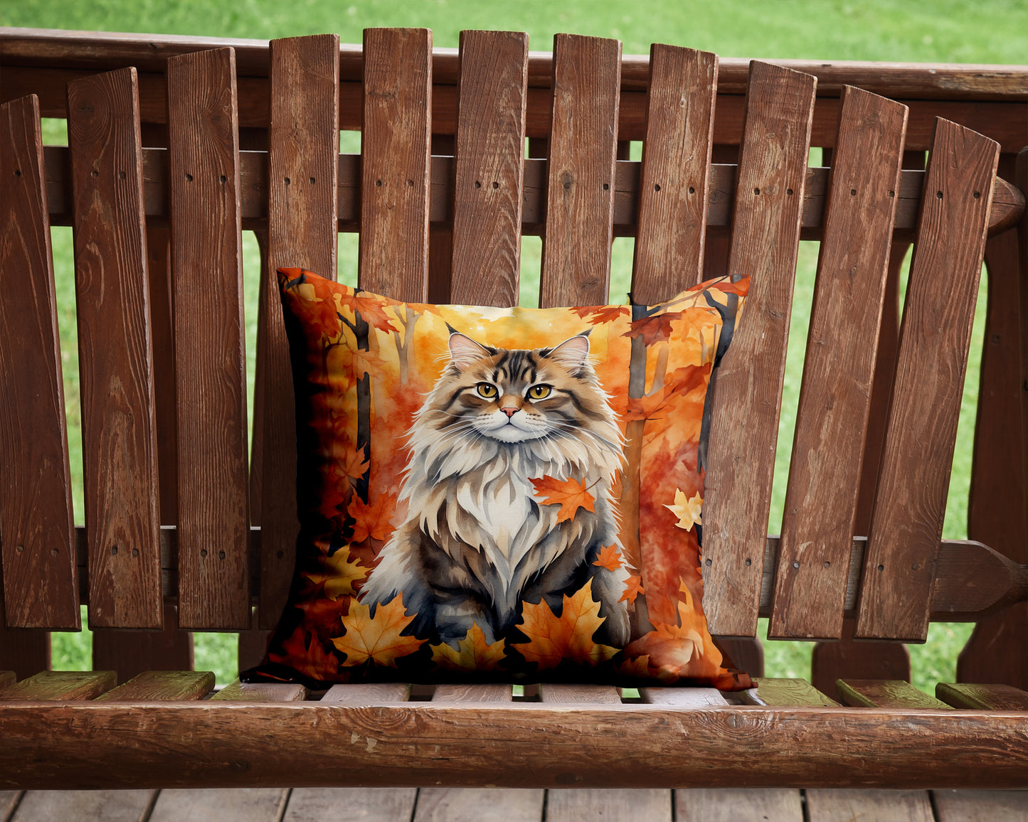 Siberian Cat in Fall Leaves Throw Pillow