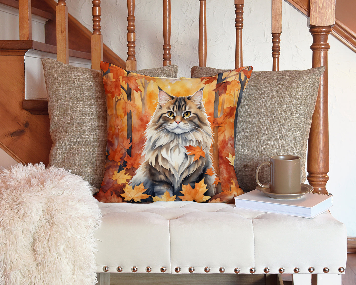 Siberian Cat in Fall Leaves Throw Pillow