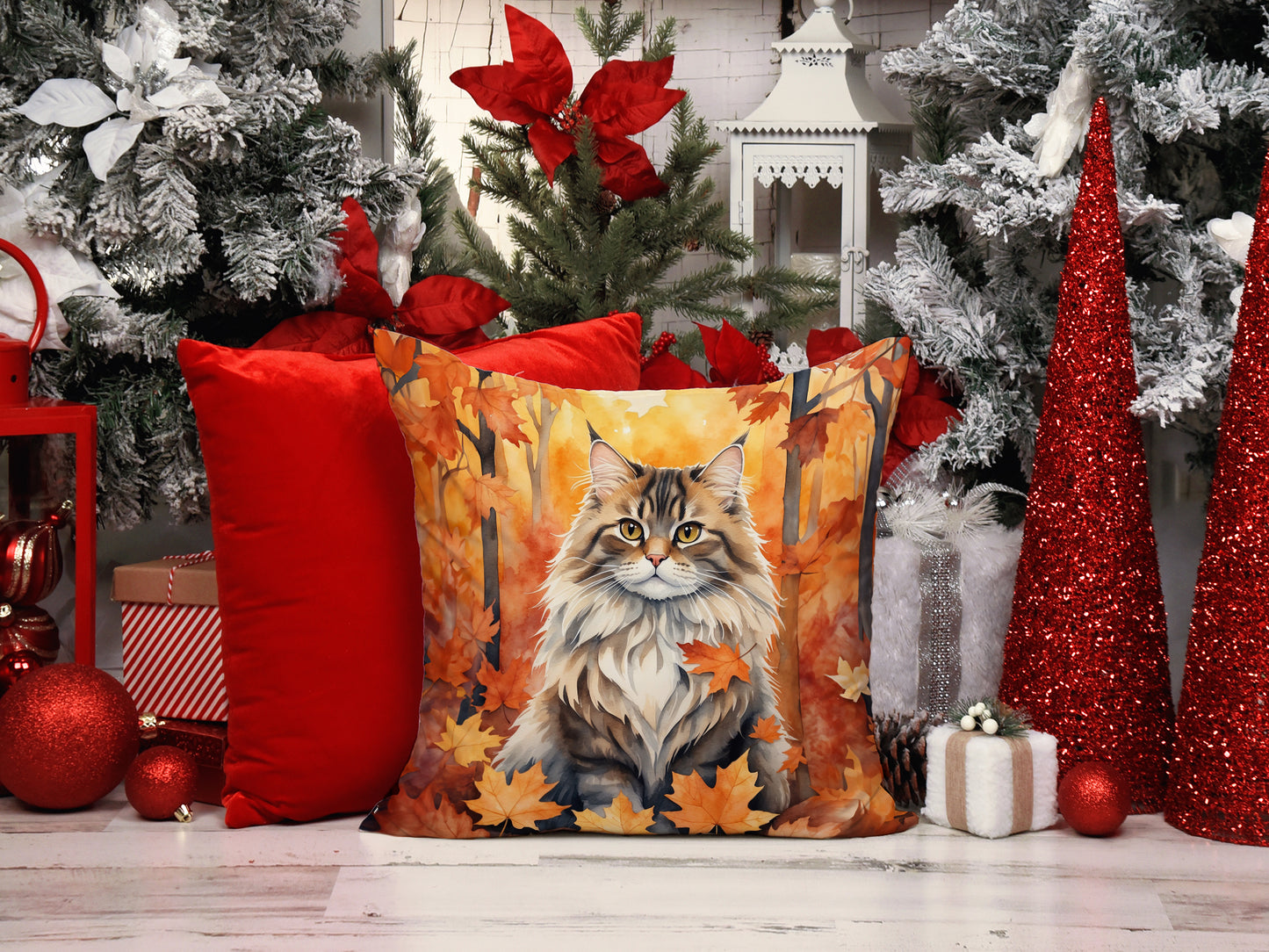 Siberian Cat in Fall Leaves Throw Pillow