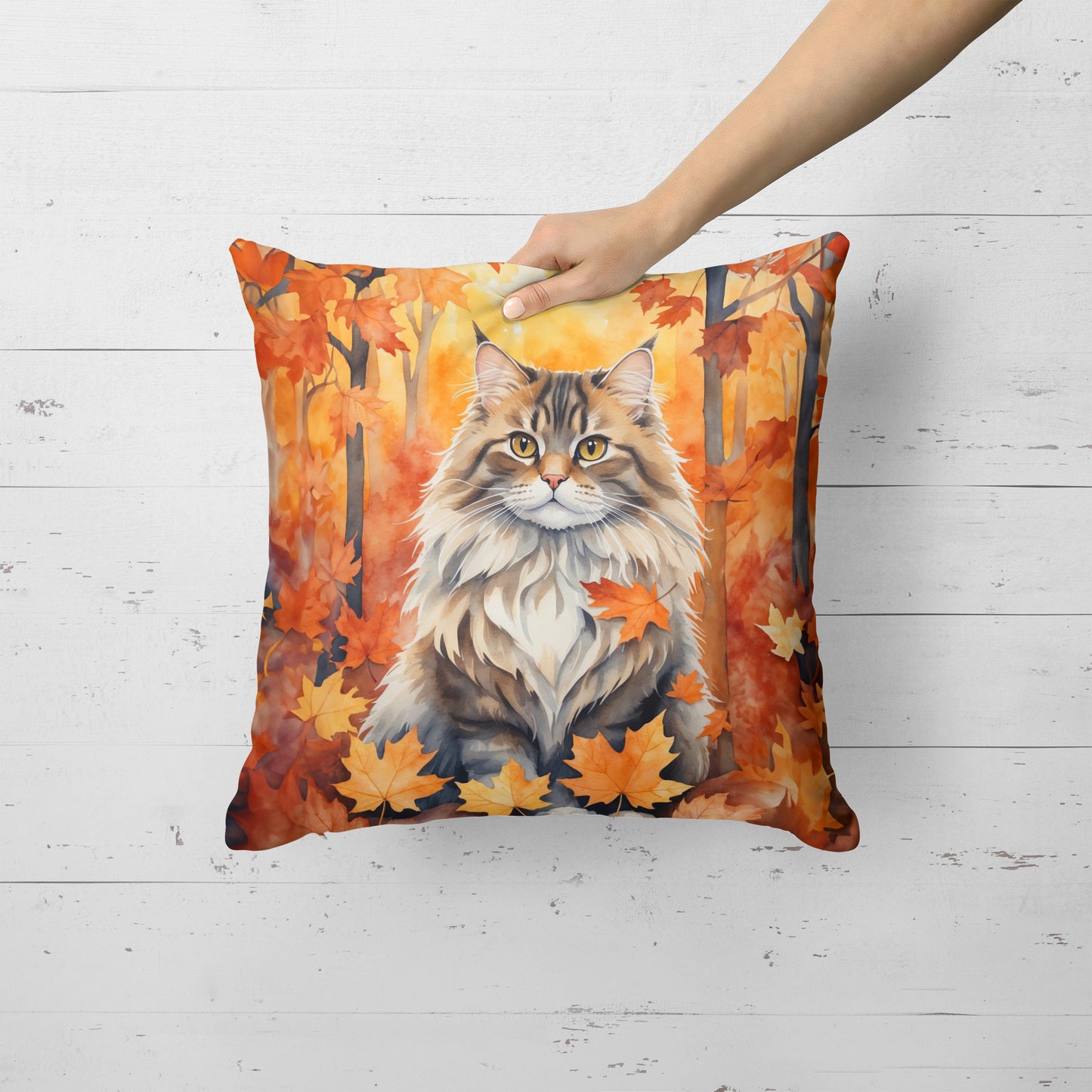 Siberian Cat in Fall Leaves Throw Pillow