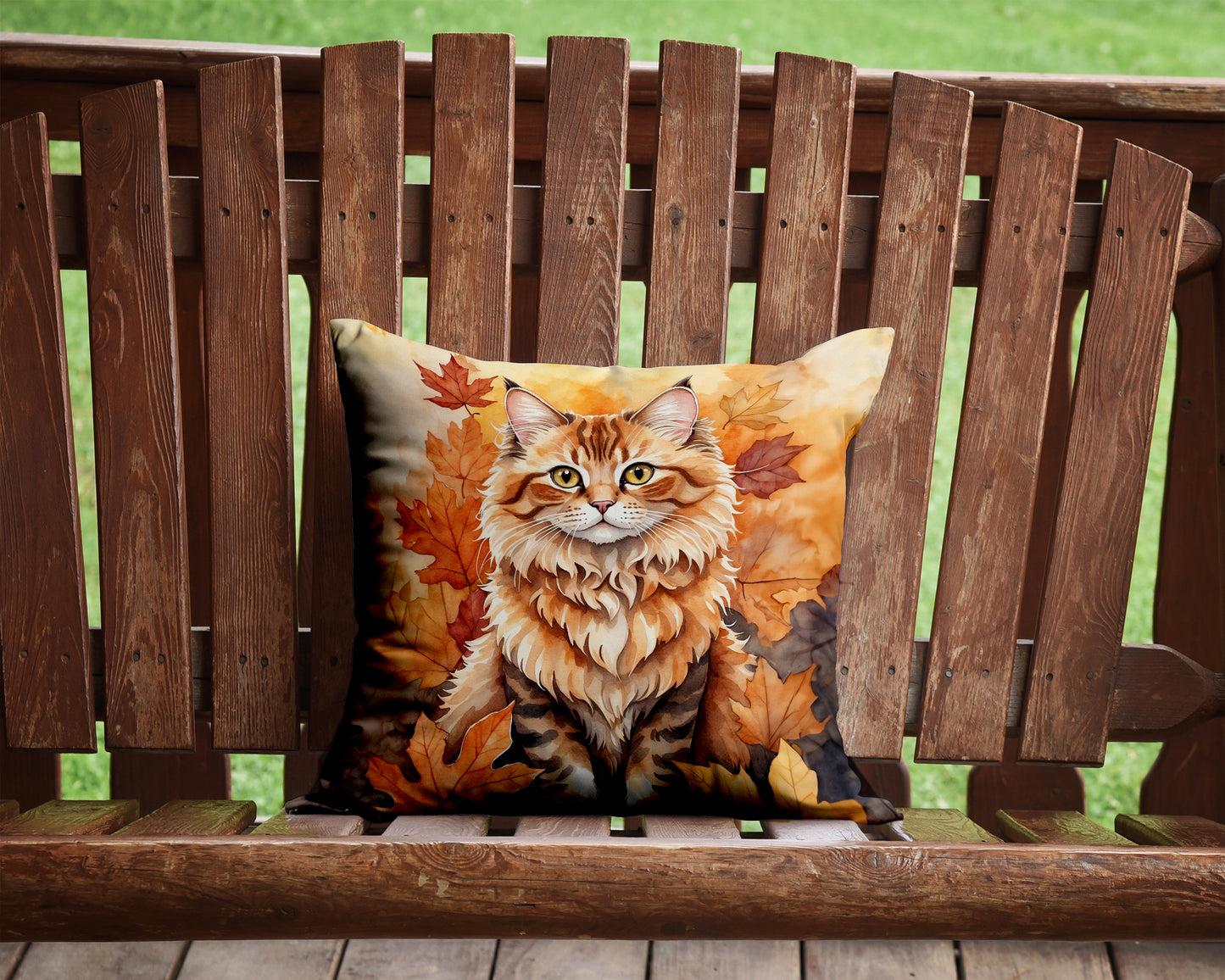 Skookum Cat in Fall Leaves Throw Pillow