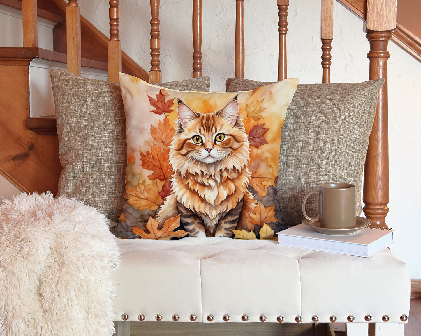 Skookum Cat in Fall Leaves Throw Pillow