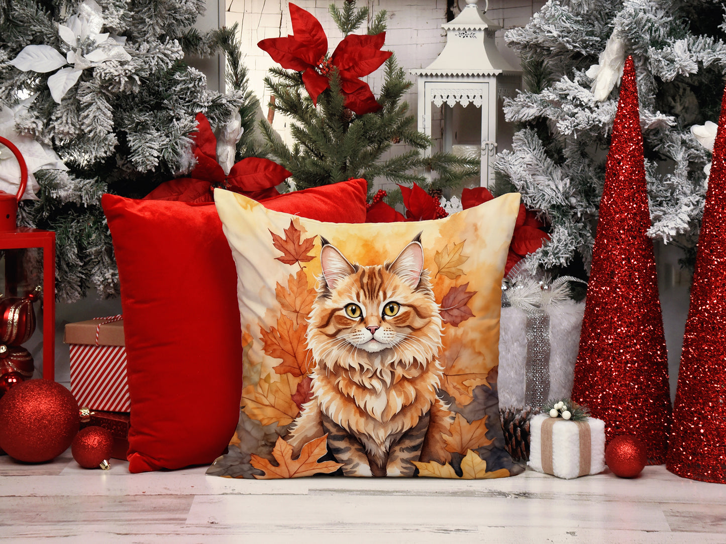 Skookum Cat in Fall Leaves Throw Pillow