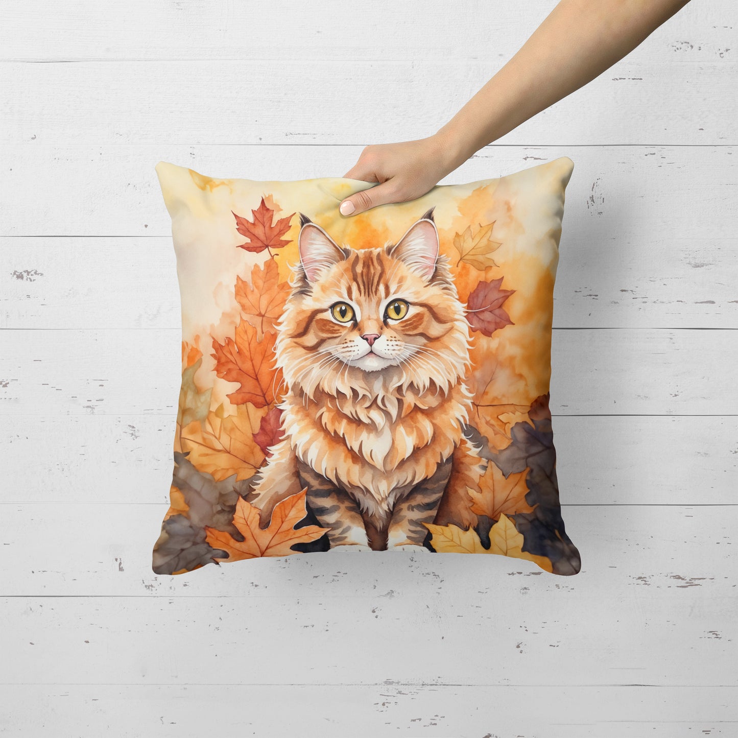 Skookum Cat in Fall Leaves Throw Pillow