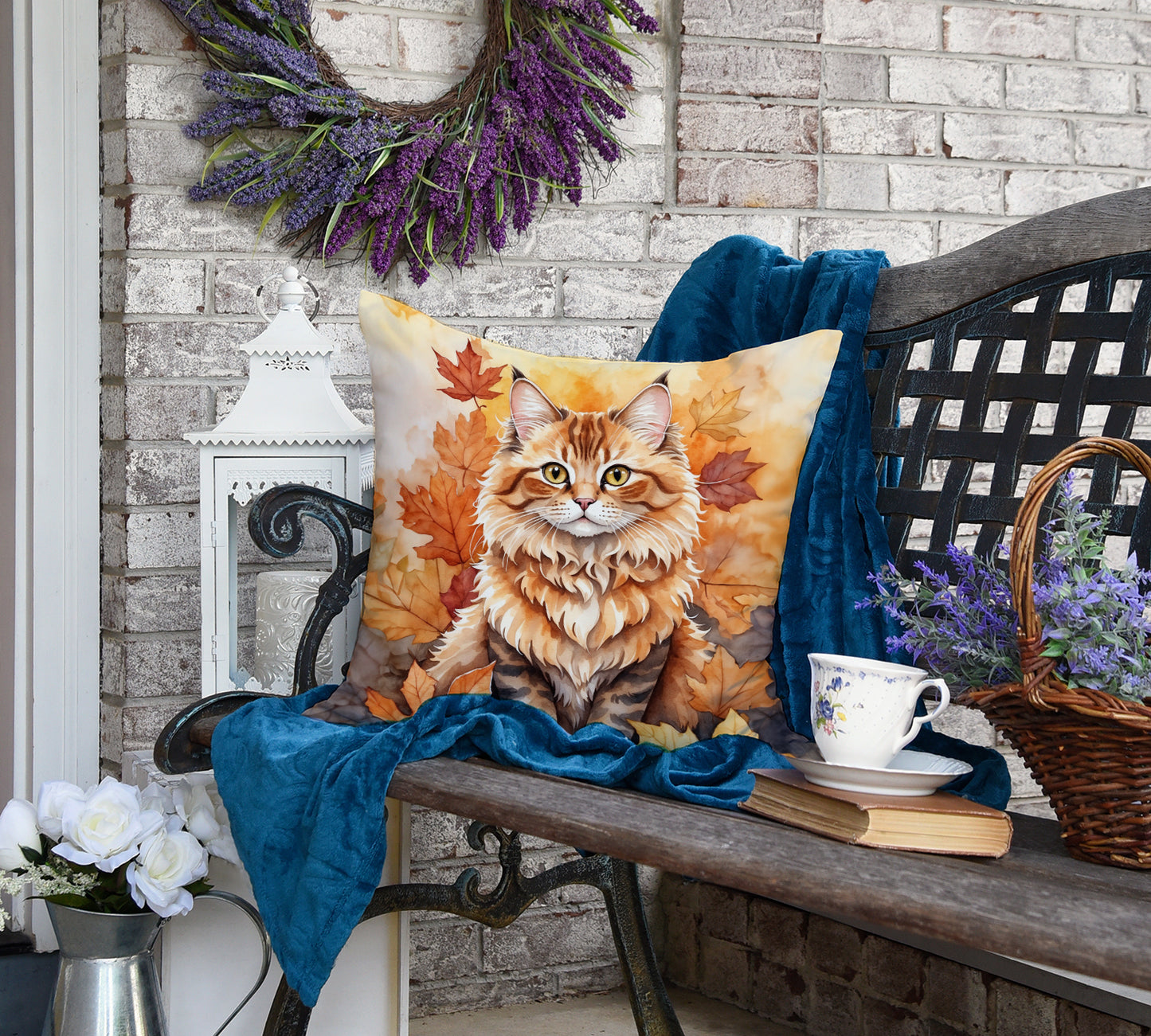 Skookum Cat in Fall Leaves Throw Pillow