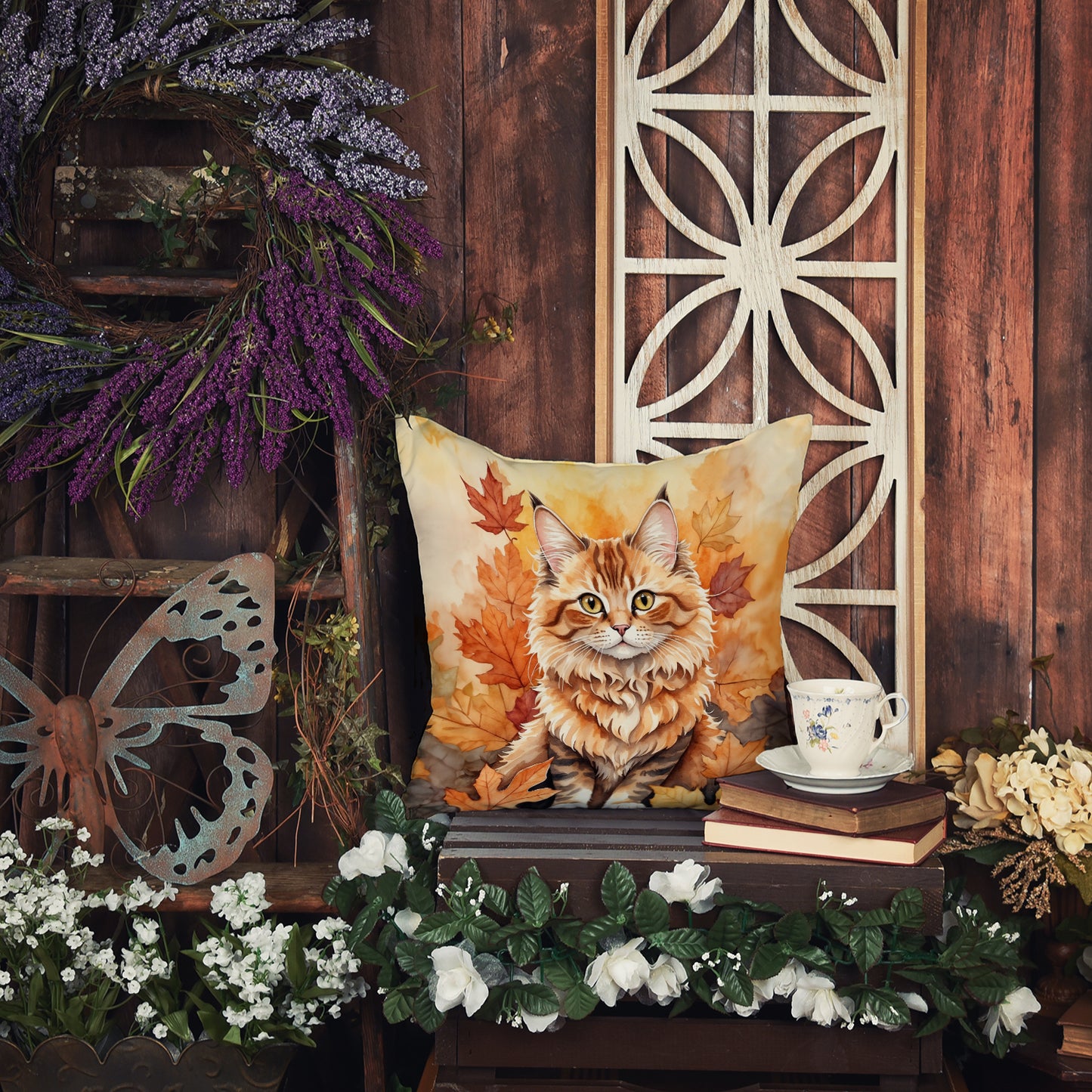 Skookum Cat in Fall Leaves Throw Pillow