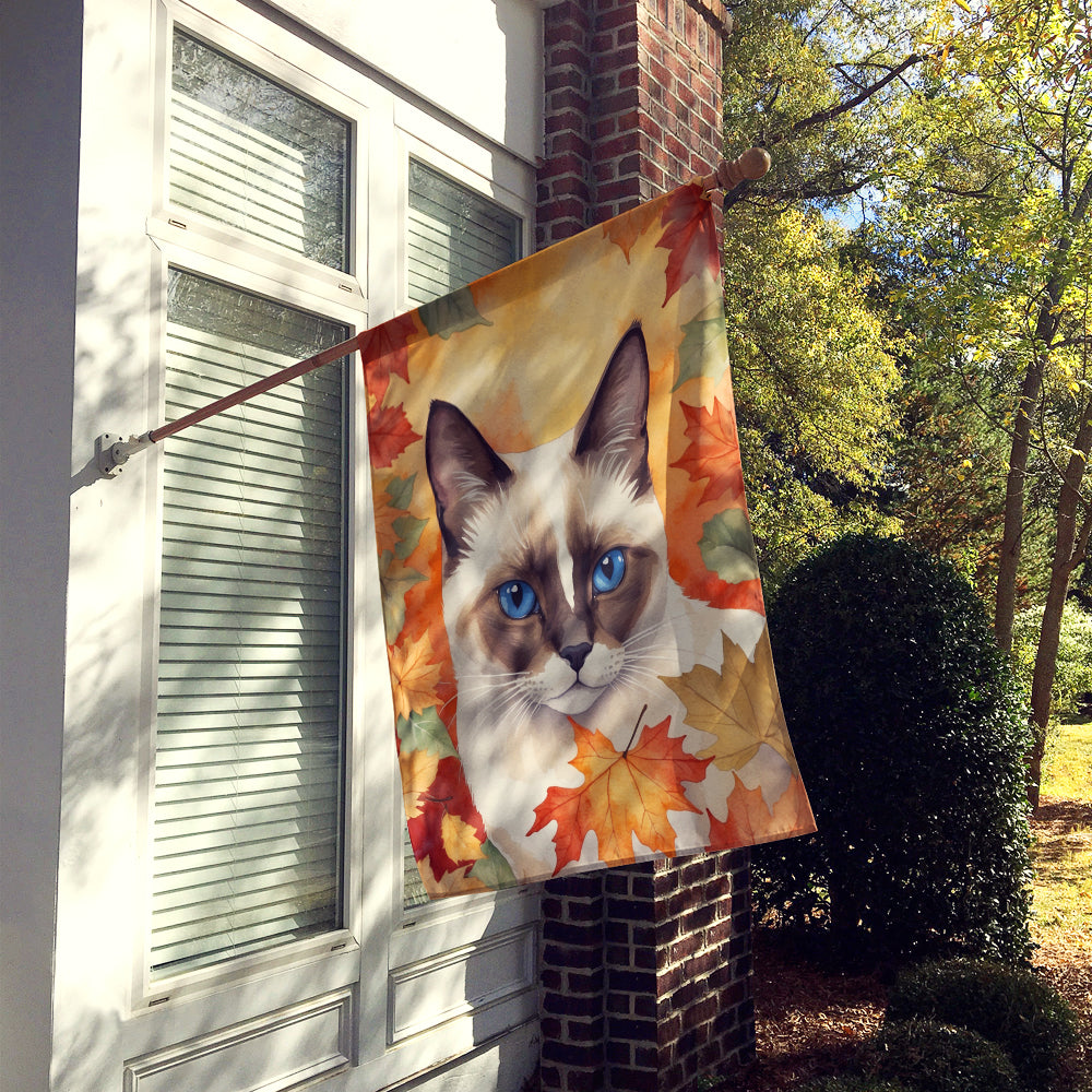 Snowshoe Cat in Fall Leaves House Flag