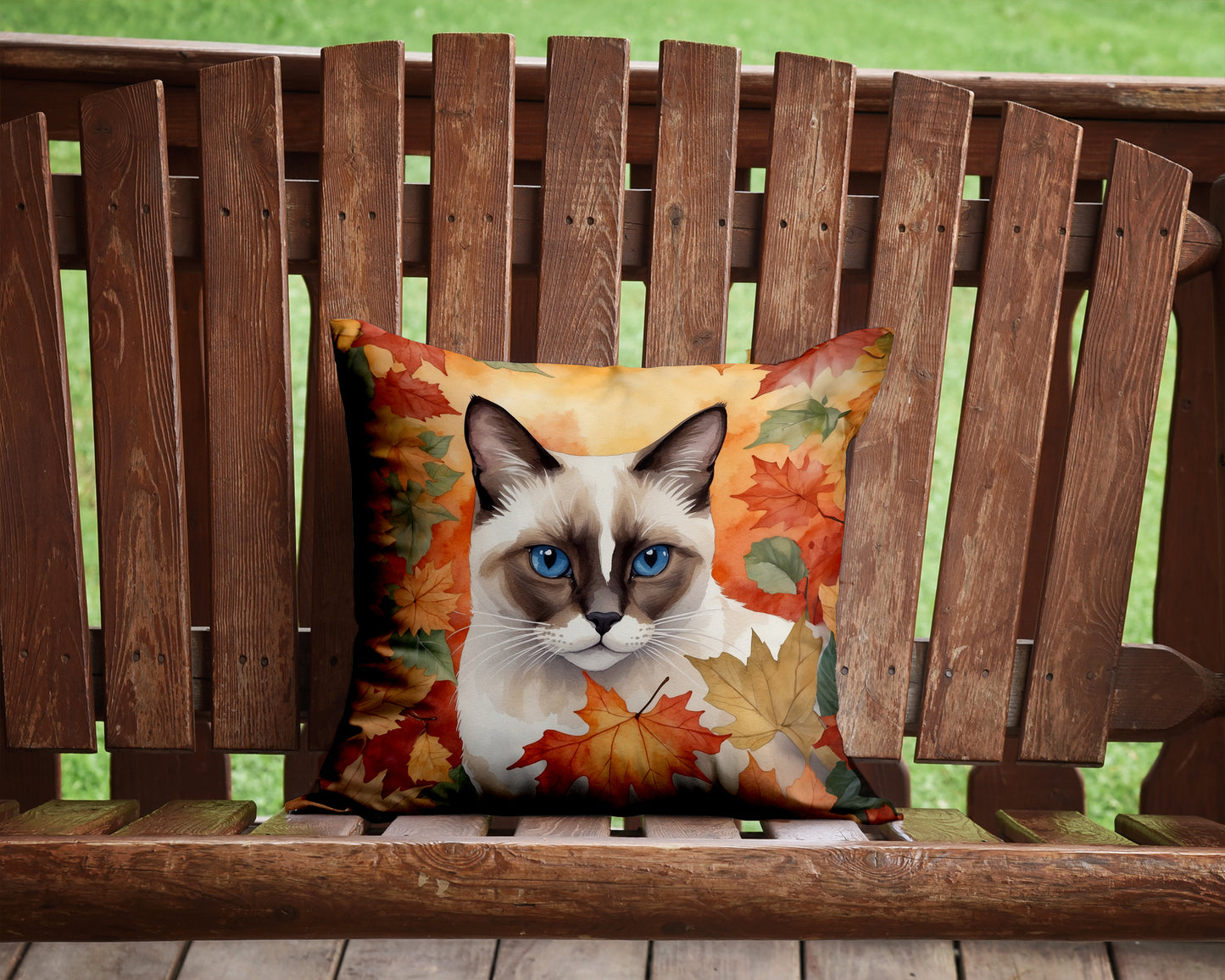 Snowshoe Cat in Fall Leaves Throw Pillow