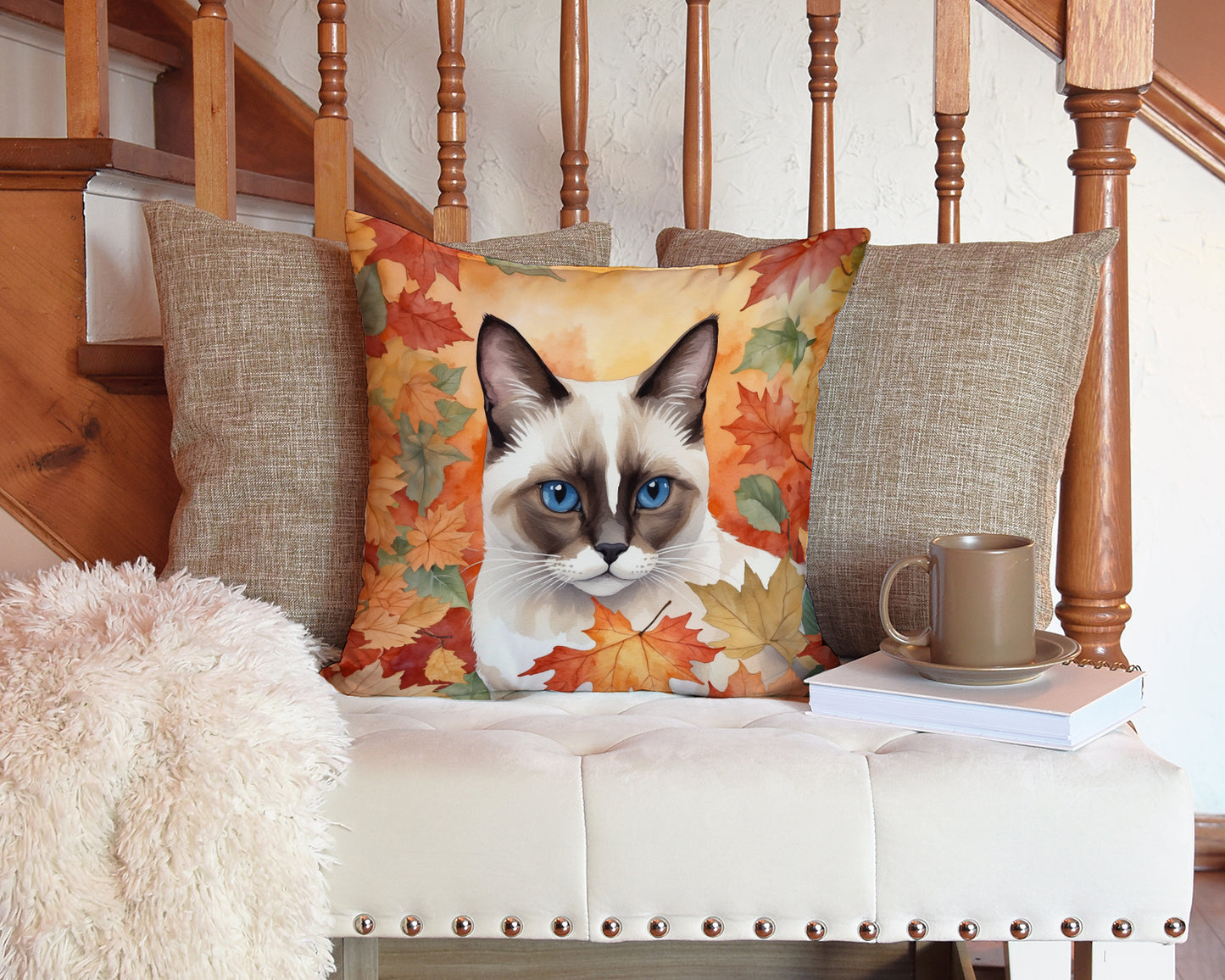 Snowshoe Cat in Fall Leaves Throw Pillow