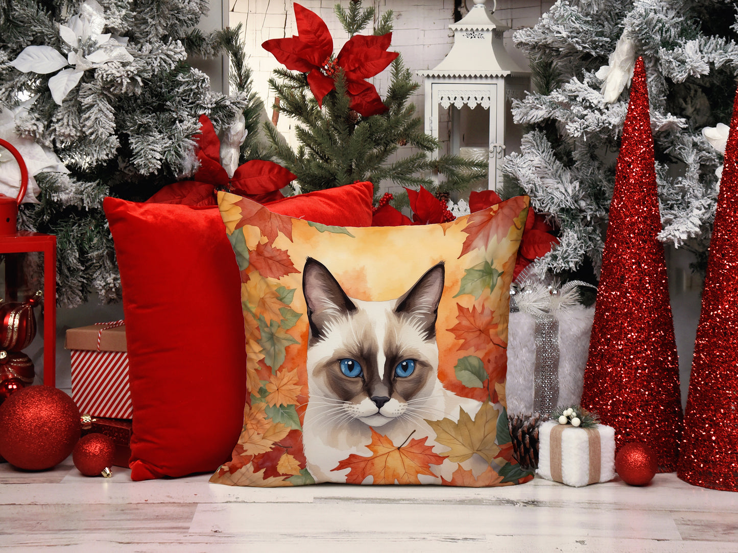 Snowshoe Cat in Fall Leaves Throw Pillow