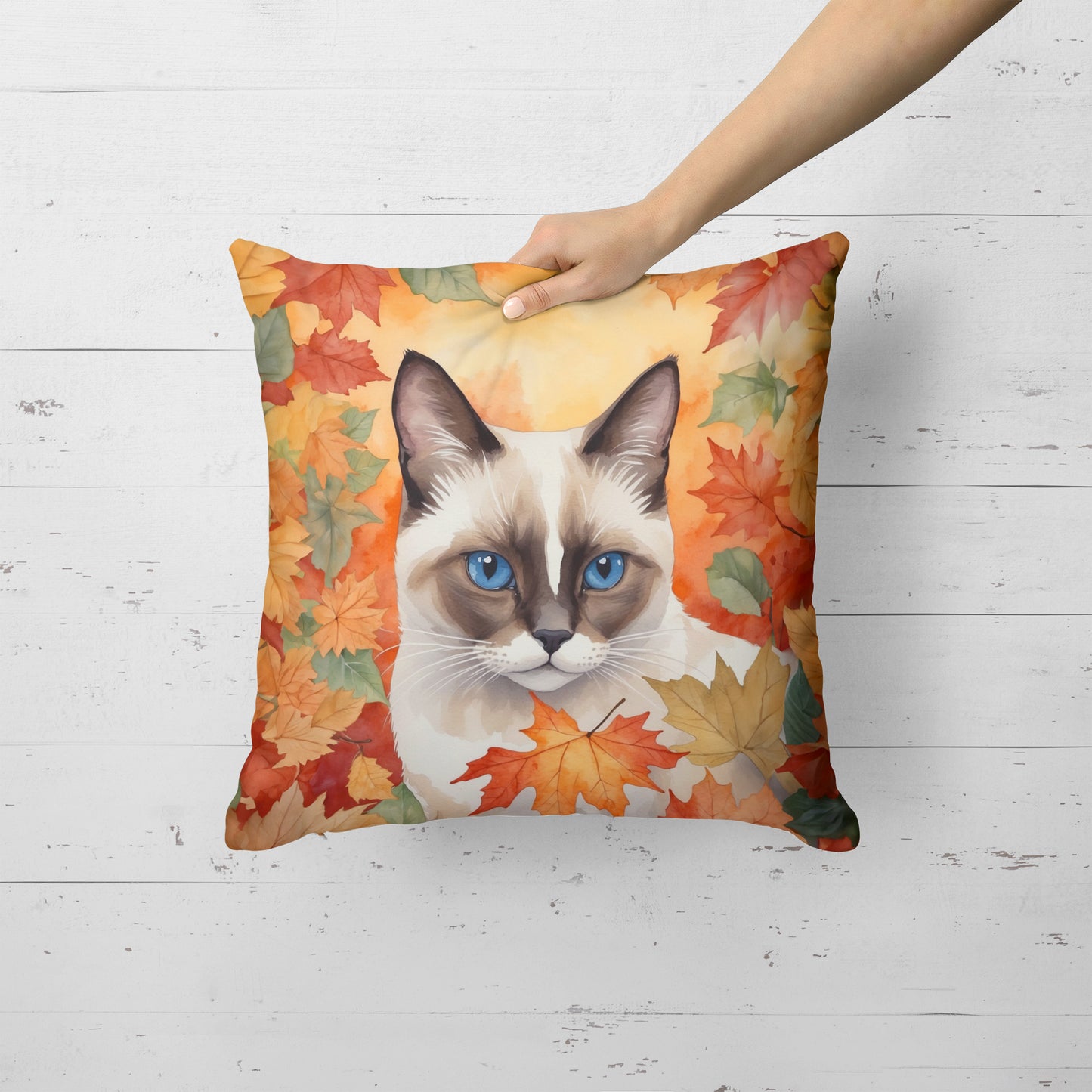 Snowshoe Cat in Fall Leaves Throw Pillow