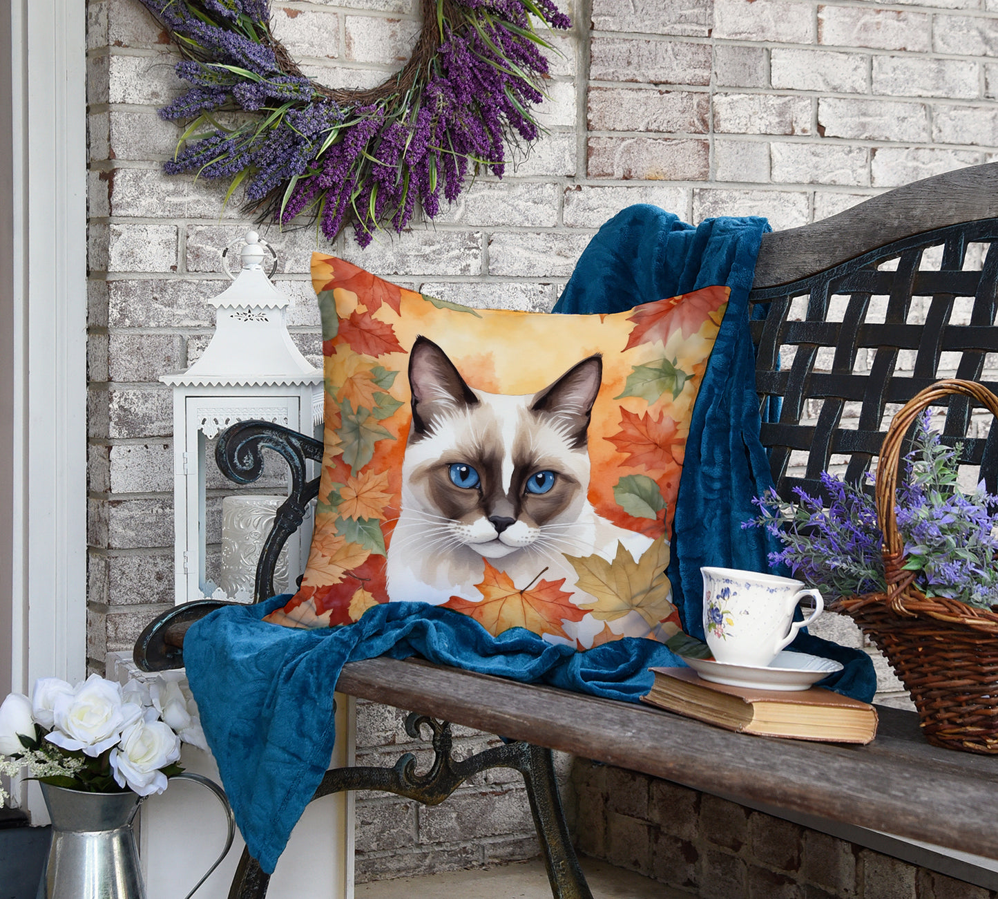 Snowshoe Cat in Fall Leaves Throw Pillow