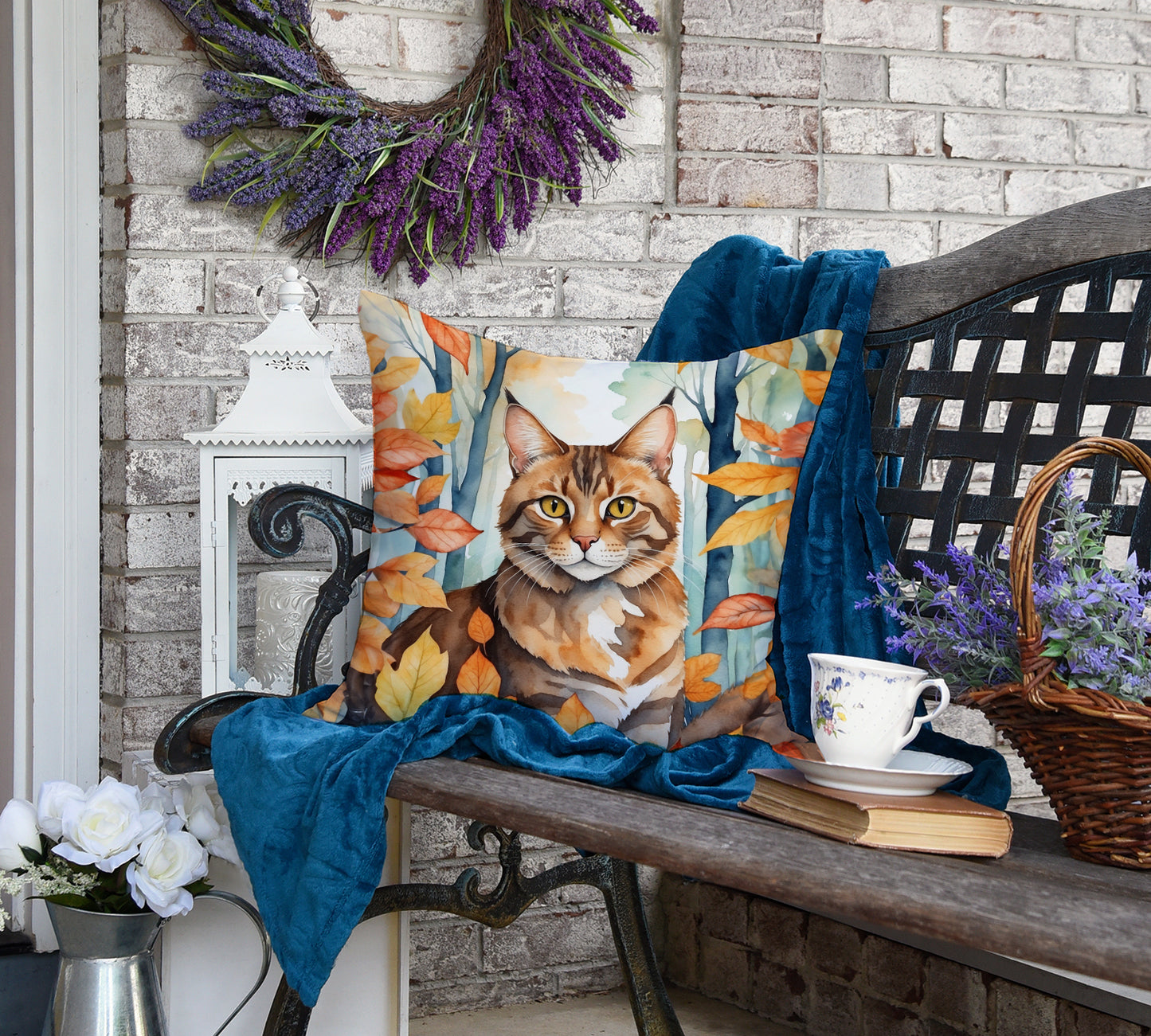 Sokoke Cat in Fall Leaves Throw Pillow