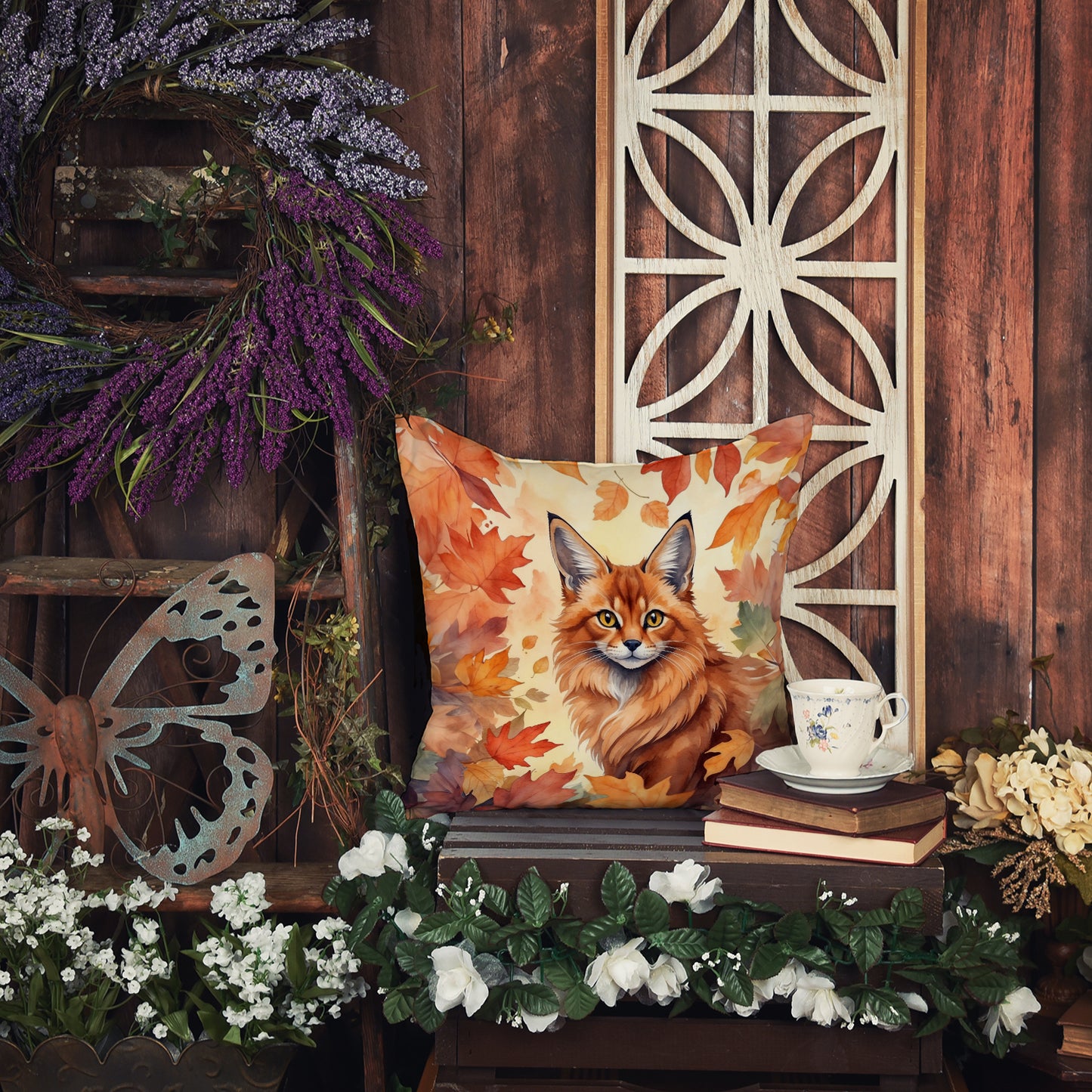 Somali Cat in Fall Leaves Throw Pillow