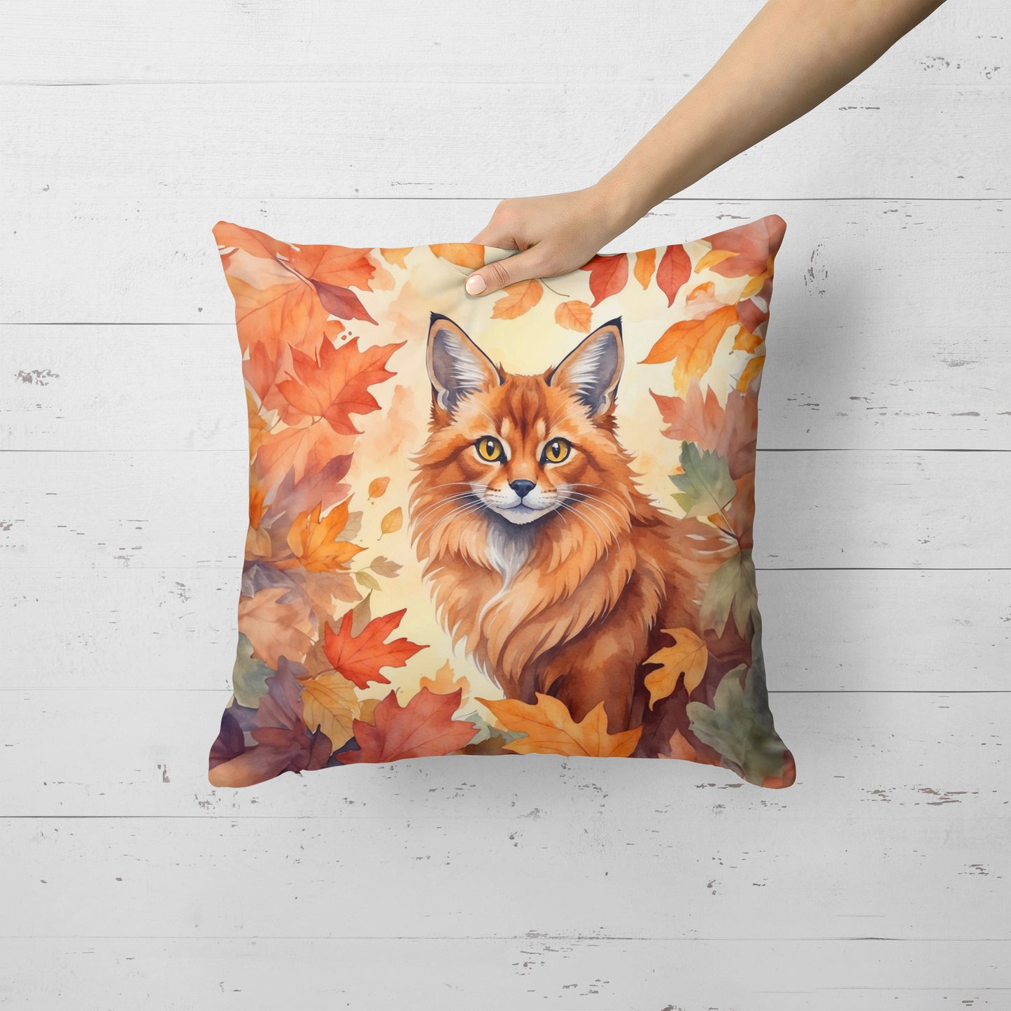 Somali Cat in Fall Leaves Throw Pillow